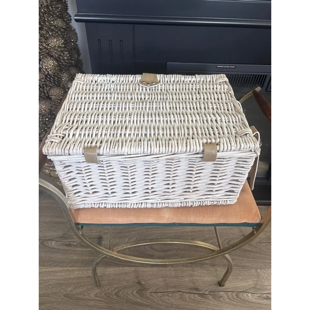 Vintage White Wicker Picnic Basket Set Insulated Cooler Red Gingham Lining